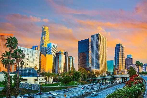 Dusk light with dramatic clouds in downtown Los Angeles,California