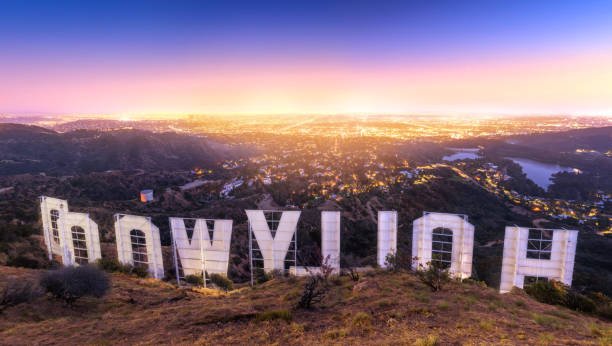 LOS ANGELES , USA - JUNE 14, 2018 - Back of the Hollywood sign at sunset