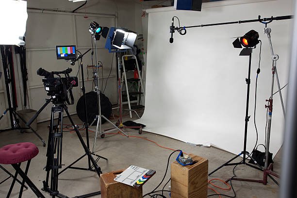 A small working video studio with camera, sound and lights