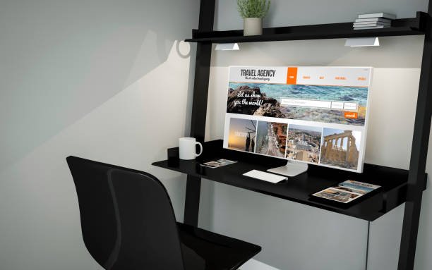 3d rendering of travel agency on desktop in a shelves